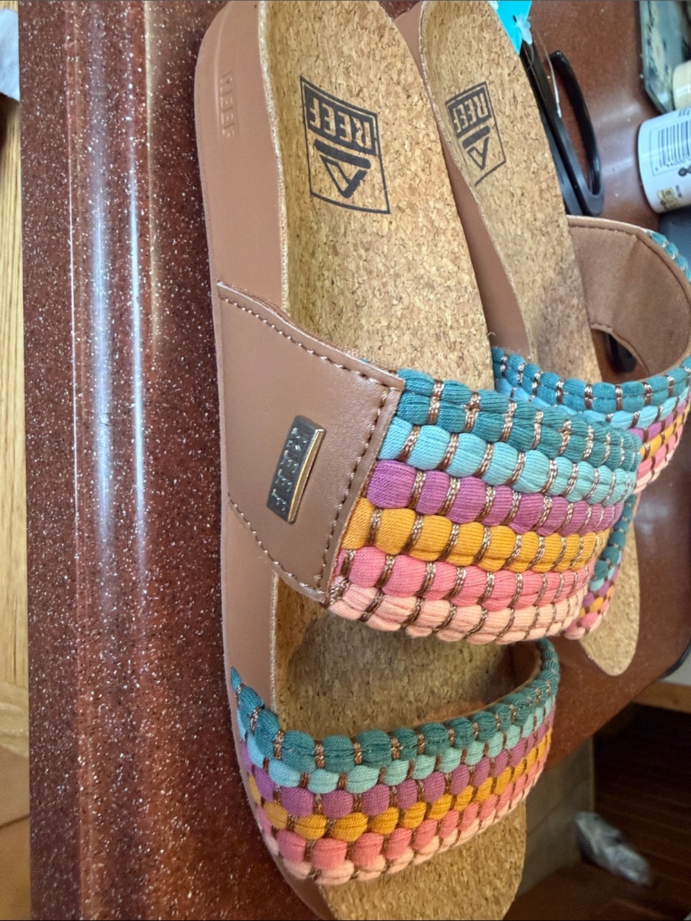 Reef Cushion Vista Cork Slide Sandals with Multicolor Braided Straps women’s 6 - Picture 3 of 6